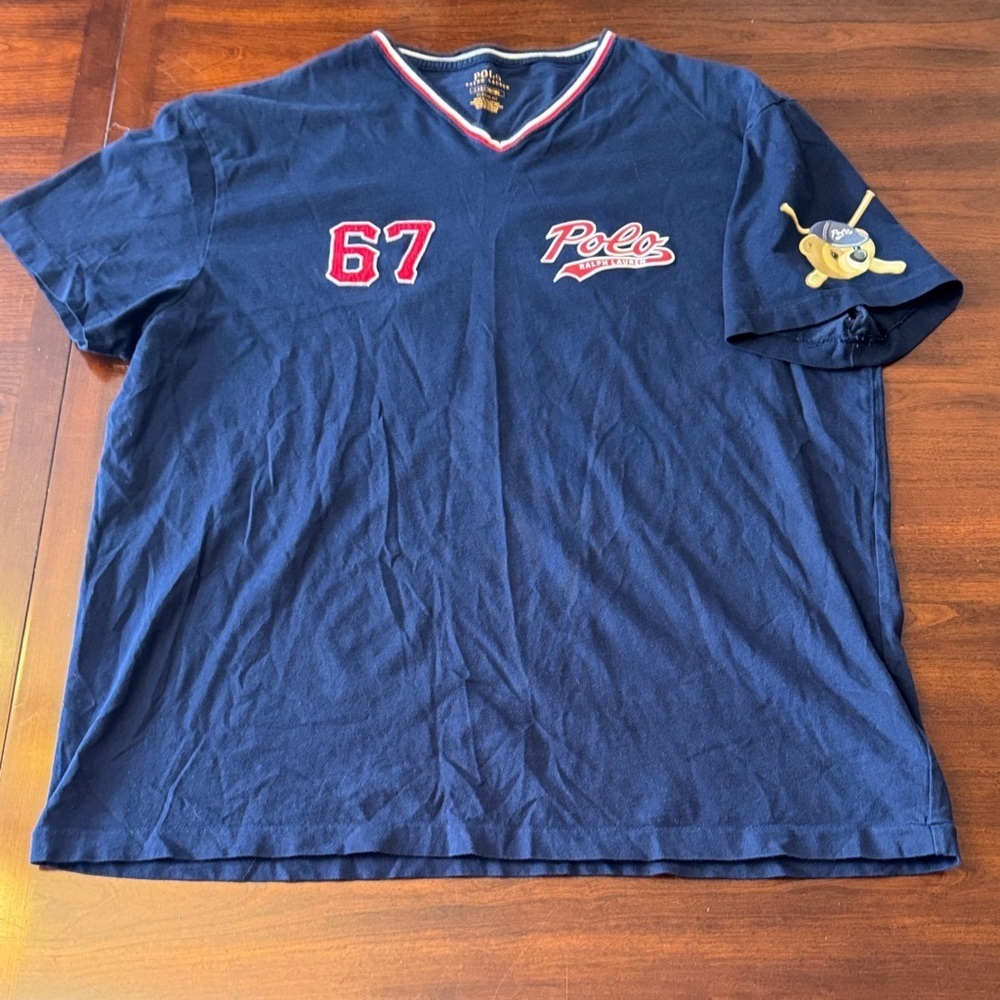 Men’s Polo Bear V Neck Jersey Look Navy Blue Graphic T-Shirt - Picture 3 of 13